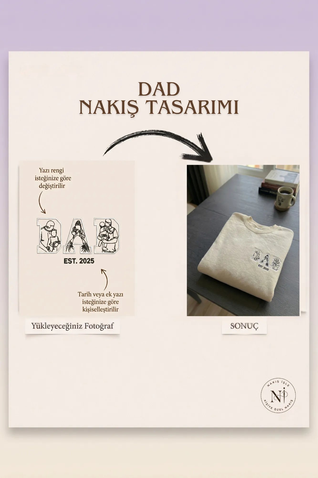 D A D Yazılı Çizgisel Fotoğraf Nakışı