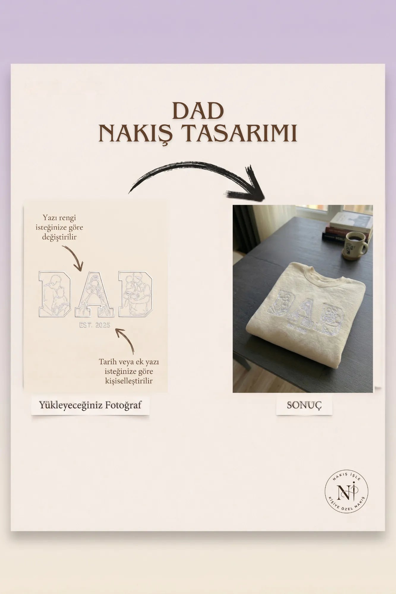 D A D Yazılı Çizgisel Fotoğraf Nakışı